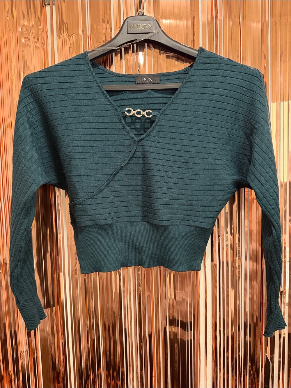 BCX Women's Hunter Green Ribbed Wrap-Style V-Neck Cropped Sweater NEW XS